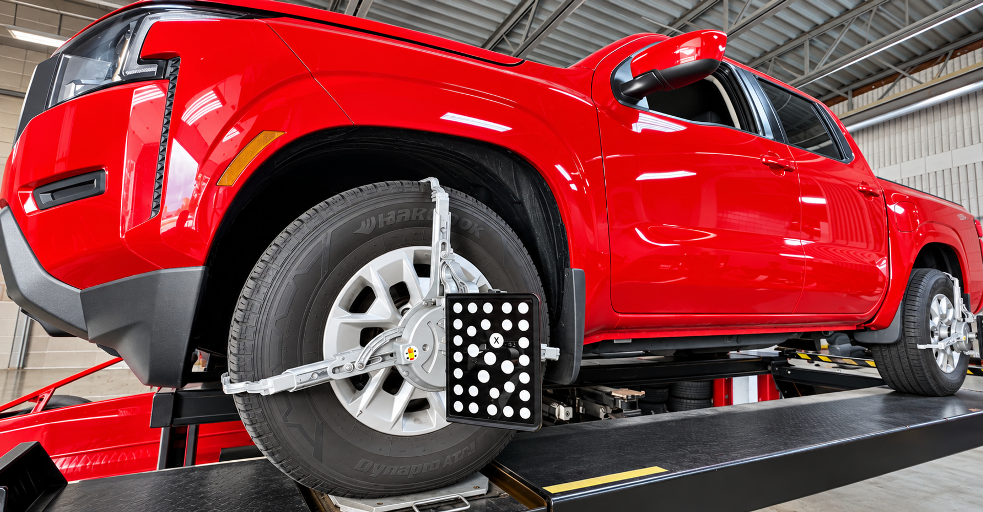 Wheel alignment targets mounted on a red pickup inside the shop
